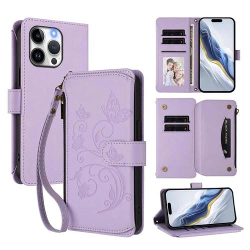 Funda de cuero con cremallera para iPhone 13 Pro, diseño de mariposas, flores y amor (morado claro)
