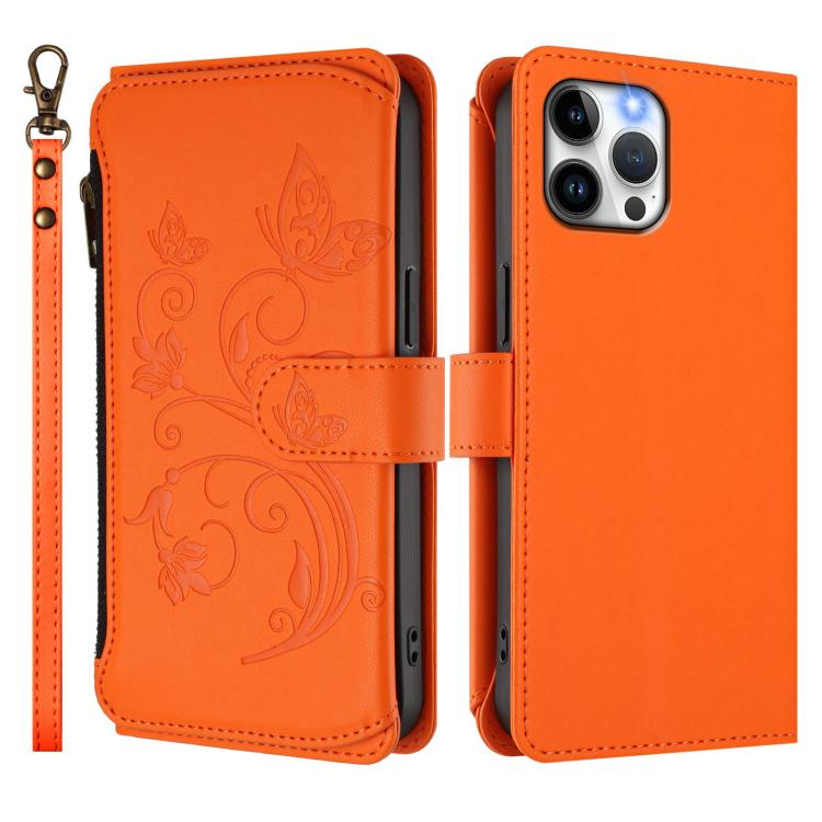 Funda de cuero con cremallera para iPhone 12 Pro Max, diseño de mariposas, flores y amor (naranja)