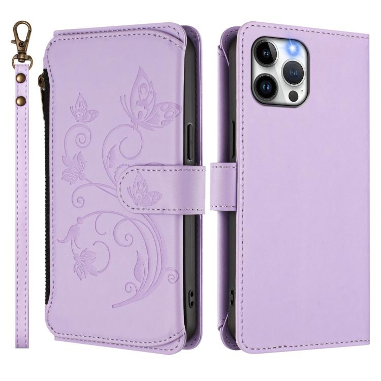 Funda de cuero con cremallera para iPhone 12 Pro Max, diseño de mariposas, flores y amor (morado claro)