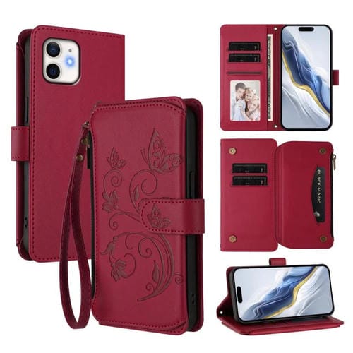 Funda de cuero con cremallera para iPhone 12 mini, diseño de mariposas, flores y amor, con múltiples tarjetas (rojo vino)