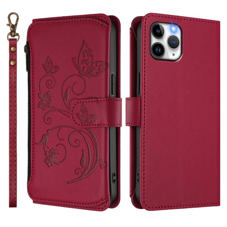 Funda de cuero con cremallera para iPhone 11 Pro Max, diseño de mariposas, flores y amor (rojo vino)