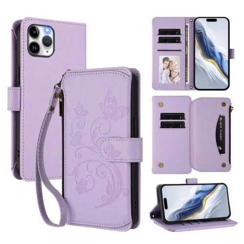 Funda de cuero con cremallera para iPhone 11 Pro Max, diseño de mariposas, flores y amor (morado claro)