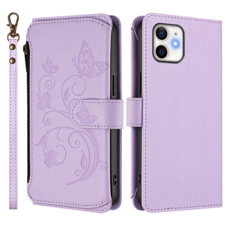 Funda de cuero con cremallera para iPhone 11, diseño de mariposas, flores y amor (morado claro)
