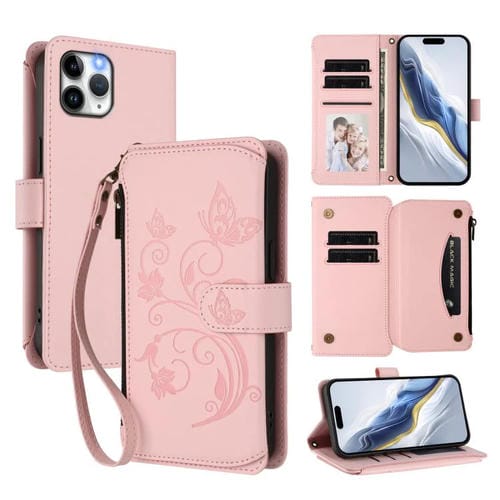Funda de cuero con cremallera para iPhone 11 Pro, diseño de mariposas, flores y amor (rosa)