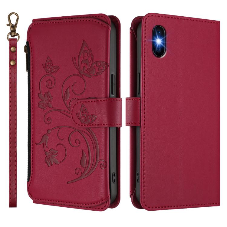 Funda de cuero con cremallera para iPhone X/XS, diseño de mariposas, flores y amor (rojo vino)
