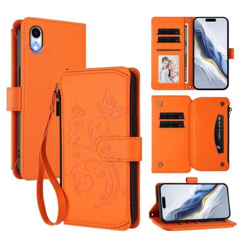 Funda de cuero con cremallera para iPhone XR, diseño de mariposas, flores y amor, con múltiples tarjetas (naranja)