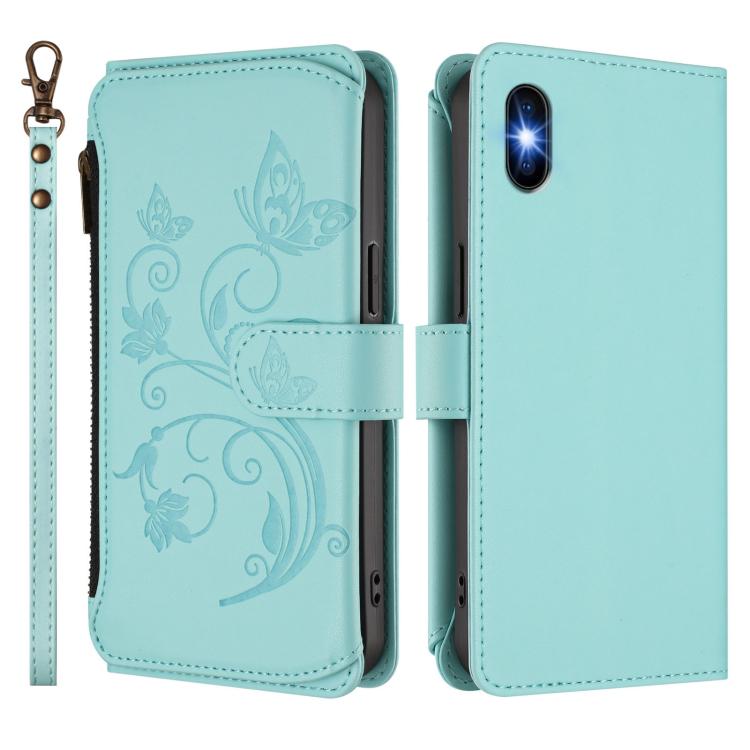 Funda de cuero con cremallera para iPhone XS Max, diseño de mariposas, flores y amor (verde menta)