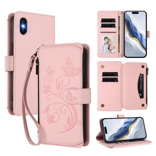 Funda de cuero con cremallera para iPhone XS Max, diseño de mariposas, flores y amor, con múltiples tarjetas (rosa)
