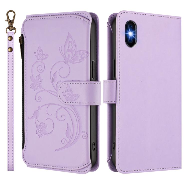 Funda de cuero con cremallera para iPhone XS Max, diseño de mariposas, flores y amor (morado claro)