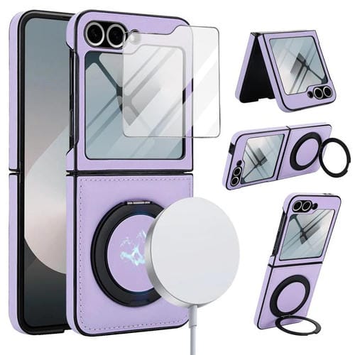Funda de cuero con soporte giratorio y película MagSafe para Samsung Galaxy Z Flip6 (morado claro)