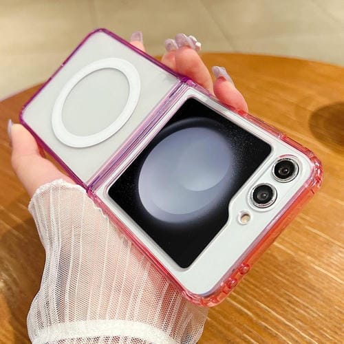 Funda MagSafe transparente con degradado de color en contraste para Samsung Galaxy Z Flip5 (morado, rosa y morado claro)