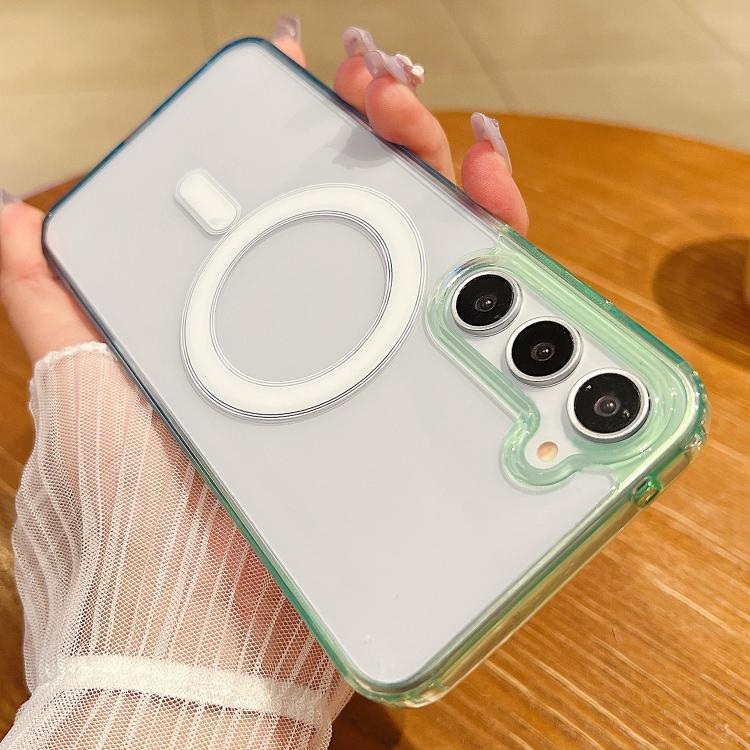 Funda MagSafe transparente con degradado de color en contraste para Samsung Galaxy S20 (verde y azul)