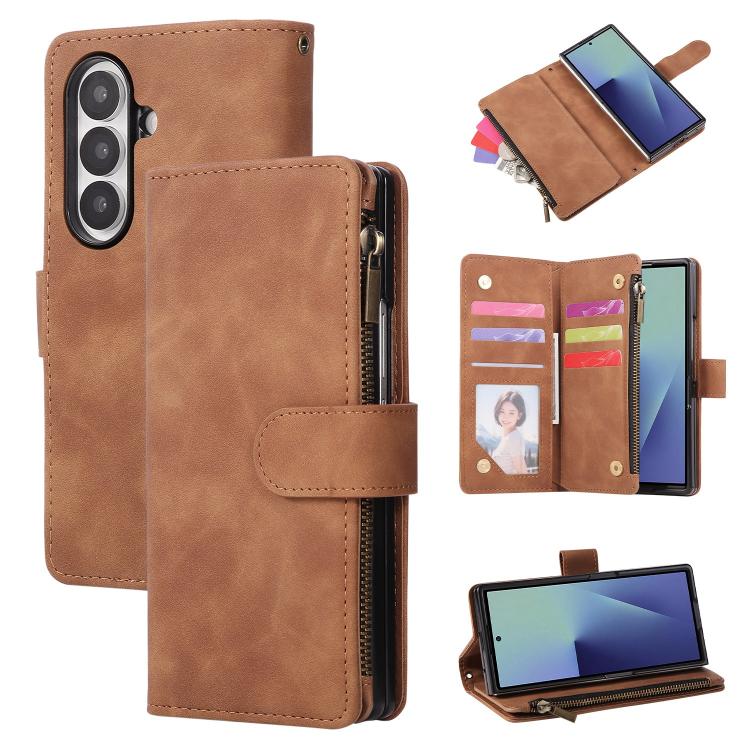 Funda de cuero con cremallera multifuncional para Samsung Galaxy Z Fold7 5G (marrón)