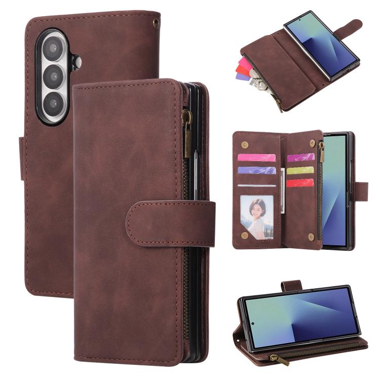 Funda de cuero multifuncional con cremallera esmerilada para Samsung Galaxy Z Fold7 5G (café)