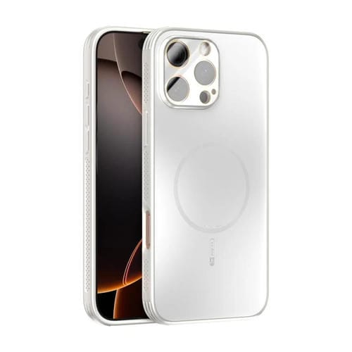 Funda ABEEL MagSafe esmerilada con disipación de calor y película para lente para iPhone 16 Pro Max (blanca)