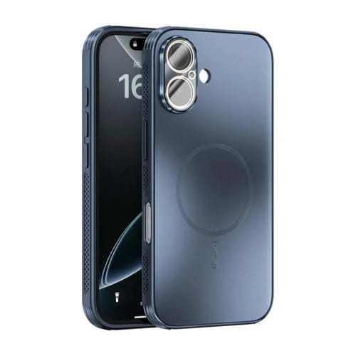 Funda ABEEL MagSafe esmerilada con disipación de calor y película para lente para iPhone 16 (azul oscuro)