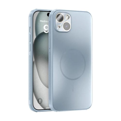 Funda ABEEL MagSafe esmerilada con disipación de calor y película para lente para iPhone 15 Plus (azul claro)
