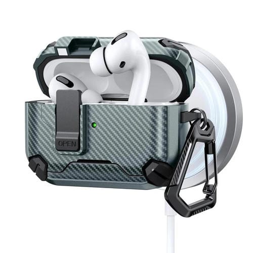 Estuche magnético MagSafe de dos colores con diseño de fibra de carbono para AirPods Pro (verde)