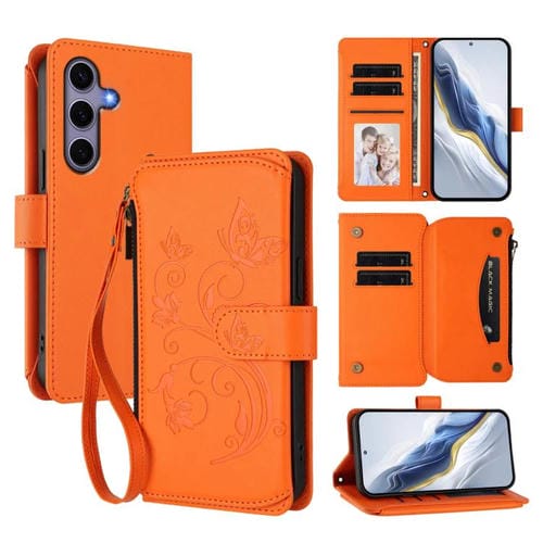 Funda de cuero con cremallera para Samsung Galaxy S24/S25 5G, diseño de mariposas, flores y amor, con múltiples tarjetas (naranja)