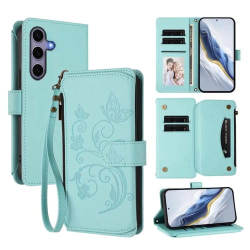 Funda de cuero con cremallera para Samsung Galaxy S24+ / S25+ 5G, diseño de mariposas, flores y amor, con múltiples tarjetas (verde menta)