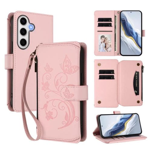Funda de cuero con cremallera para Samsung Galaxy S24 FE 5G, diseño de mariposas, flores y amor, con múltiples tarjetas (rosa)