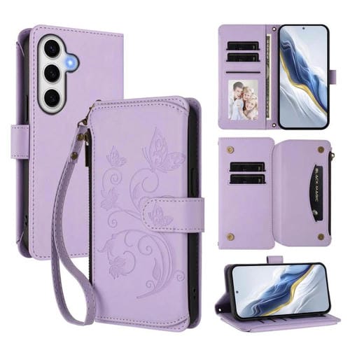 Funda de cuero con cremallera para Samsung Galaxy S23 FE 5G, diseño de mariposas, flores y amor, con múltiples tarjetas (morado claro)