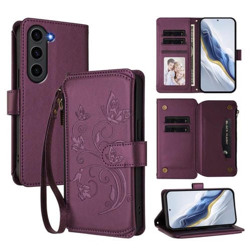Funda de cuero con cremallera para Samsung Galaxy S23+ 5G, diseño de mariposas, flores y amor, con múltiples tarjetas (morado oscuro)