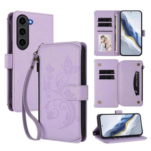 Funda de cuero con cremallera para Samsung Galaxy S23+ 5G, diseño de mariposas, flores y amor, con múltiples tarjetas (morado claro)