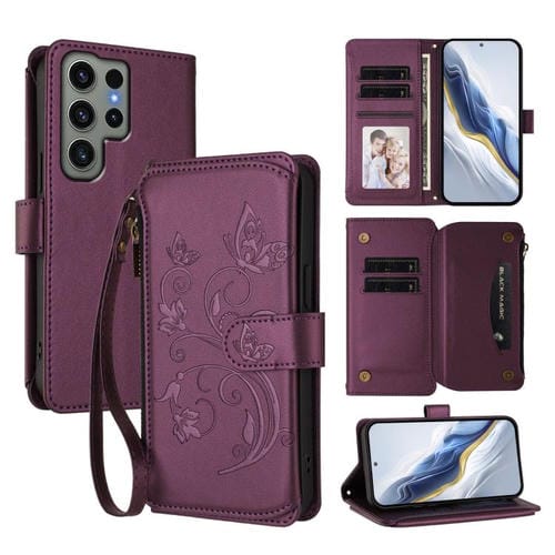 Funda de cuero con cremallera para Samsung Galaxy S23 Ultra 5G, diseño de mariposas, flores y amor, con múltiples tarjetas (morado oscuro)