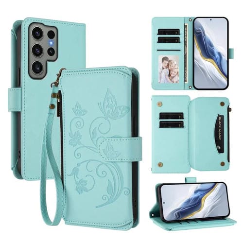 Funda de cuero con cremallera para Samsung Galaxy S23 Ultra 5G, diseño de mariposas, flores y amor, con múltiples tarjetas (verde menta)