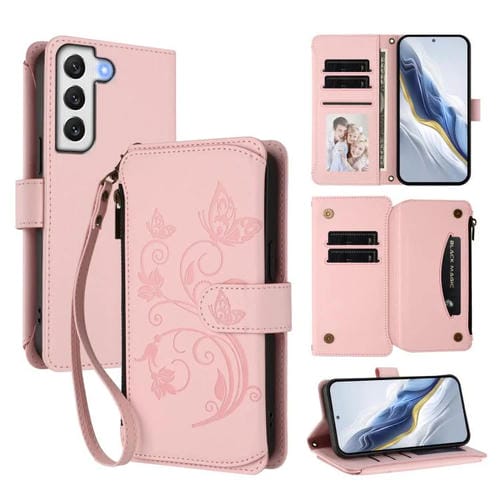 Funda de cuero con cremallera para Samsung Galaxy S21 5G, diseño de mariposas, flores y amor, con múltiples tarjetas (rosa)