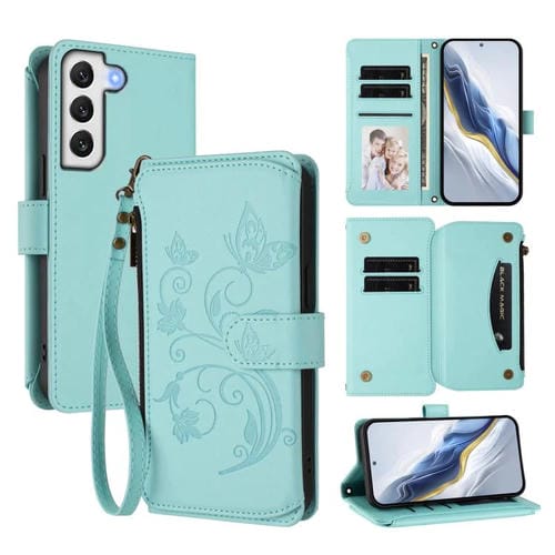 Funda de cuero con cremallera para Samsung Galaxy S21 FE 5G, diseño de mariposas, flores y amor, con múltiples tarjetas (verde menta)