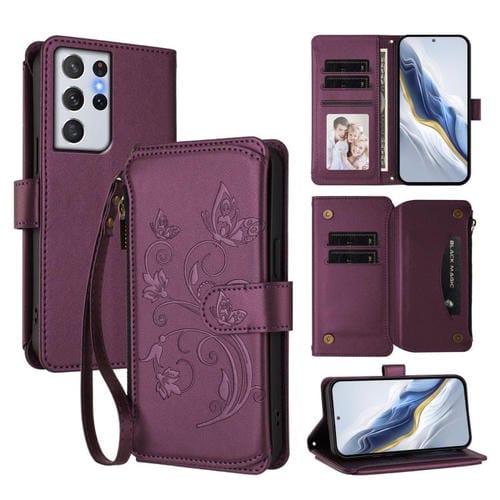 Funda de cuero con cremallera para Samsung Galaxy S21 Ultra 5G, diseño de mariposas, flores y amor, con múltiples tarjetas (morado oscuro)