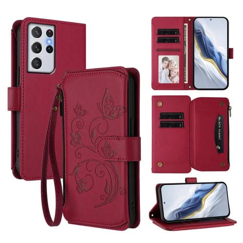 Funda de cuero con cremallera para Samsung Galaxy S21 Ultra 5G, diseño de mariposas, flores y amor, con múltiples tarjetas (rojo vino)