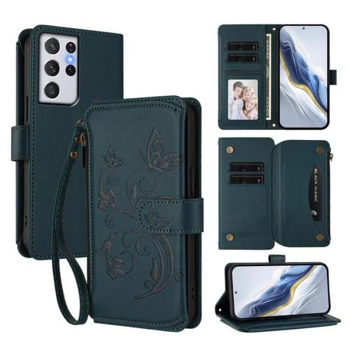Funda de cuero con cremallera para Samsung Galaxy S21 Ultra 5G, diseño de mariposas, flores y amor, con múltiples tarjetas (verde oscuro)