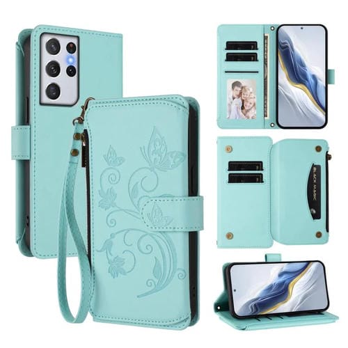 Funda de cuero con cremallera para Samsung Galaxy S21 Ultra 5G, diseño de mariposas, flores y amor, con múltiples tarjetas (verde menta)