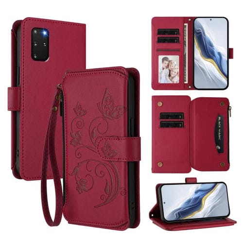 Funda de cuero con cremallera para Samsung Galaxy S20+, diseño de mariposas, flores y amor, con múltiples tarjetas (rojo vino)