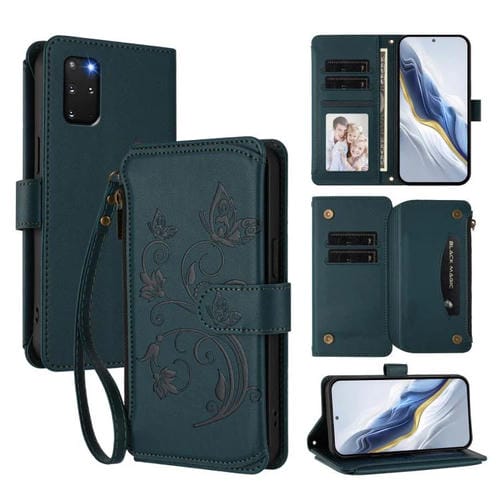 Funda de cuero con cremallera para Samsung Galaxy S20+, diseño de mariposas, flores y amor, con múltiples tarjetas (verde oscuro)