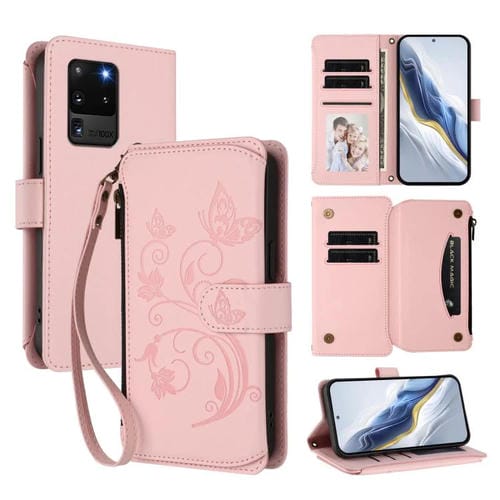 Funda de cuero con cremallera para Samsung Galaxy S20 Ultra, diseño de mariposas, flores y amor, con múltiples tarjetas (rosa)