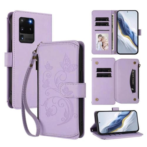 Funda de cuero con cremallera para Samsung Galaxy S20 Ultra, diseño de mariposas, flores y amor, con múltiples tarjetas (morado claro)