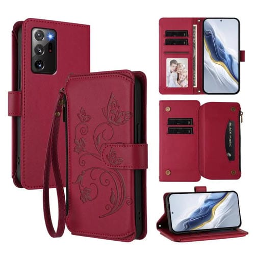 Funda de cuero con cremallera para Samsung Galaxy Note20 Ultra, diseño de mariposas, flores y amor, con múltiples tarjetas (rojo vino)