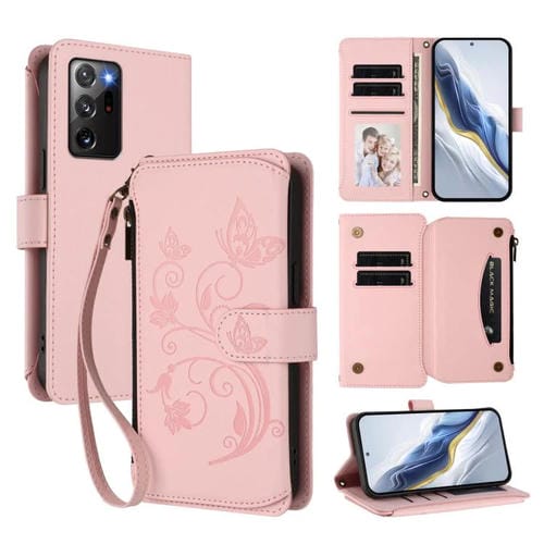Funda de cuero con cremallera para Samsung Galaxy Note20 Ultra, diseño de mariposas, flores y amor, con múltiples tarjetas (rosa)
