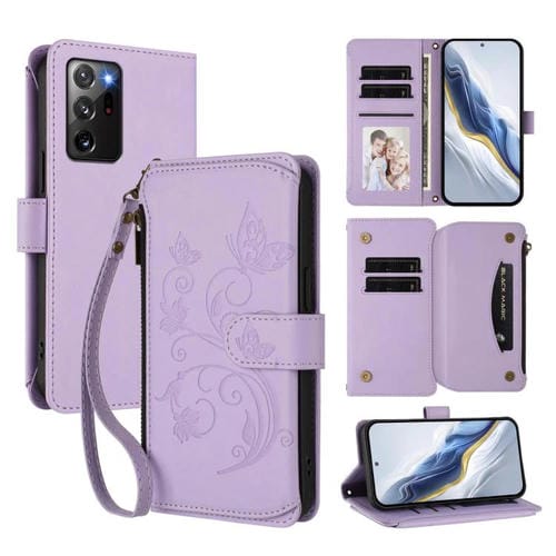 Funda de cuero con cremallera para Samsung Galaxy Note20 Ultra, diseño de mariposas, flores y amor, con múltiples tarjetas (morado claro)