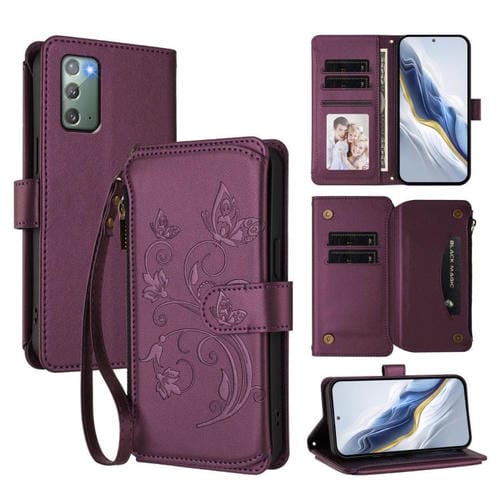 Funda de cuero con cremallera para Samsung Galaxy Note20, diseño de mariposas, flores y amor, con múltiples tarjetas (morado oscuro)