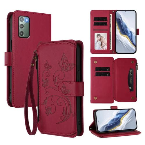 Funda de cuero con cremallera para Samsung Galaxy Note20, diseño de mariposas, flores y amor (rojo vino)
