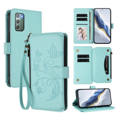 Funda de cuero con cremallera para Samsung Galaxy Note20, diseño de mariposas, flores y amor, con múltiples tarjetas (verde menta)