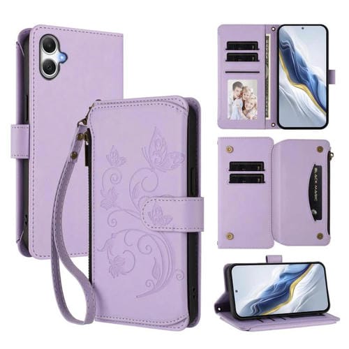 Funda de cuero con cremallera para Samsung Galaxy A07 4G / A06 4G / 5G, diseño de mariposas, flores y múltiples tarjetas (morado claro)