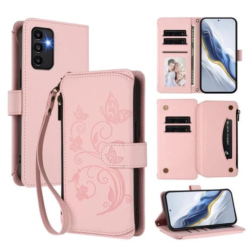 Funda de cuero con cremallera para Samsung Galaxy A13 4G / 5G / A04 4G, diseño de mariposas y flores, con mĂșltiples tarjetas (rosa)