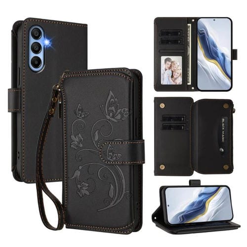 Funda de cuero con cremallera para Samsung Galaxy A15 4G/5G, diseño de mariposas, flores y amor, con múltiples tarjetas (negro)