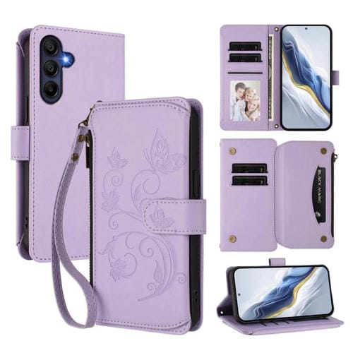 Funda de cuero con cremallera para Samsung Galaxy A16 4G/5G, diseño de mariposas, flores y amor, con mĂșltiples tarjetas (morado claro)